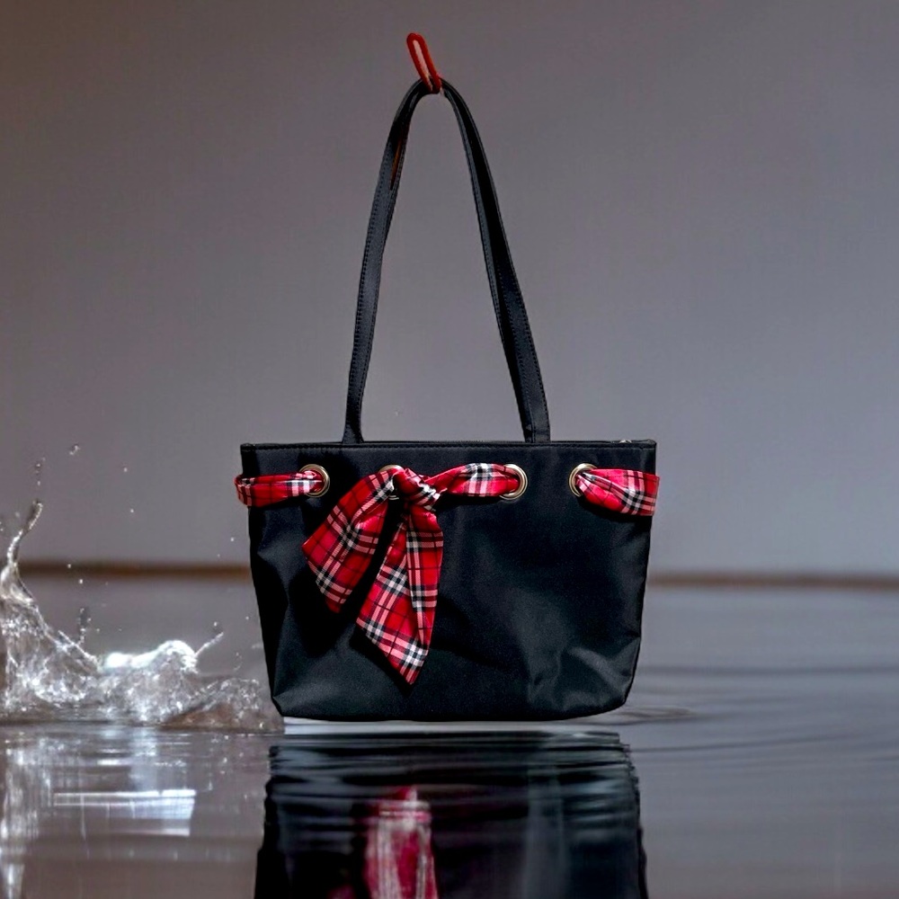 Black shoulder bag with red interior and twilly double handle 3 compartment
